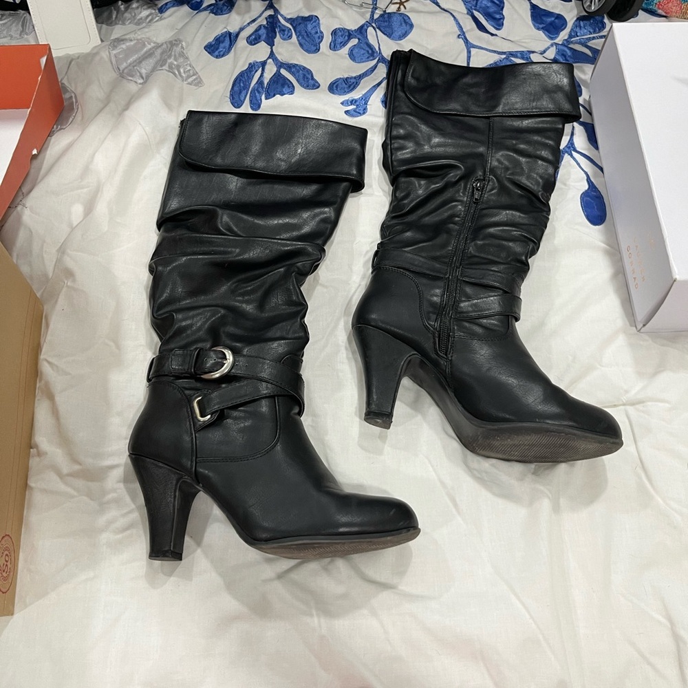 Black leather heel boots